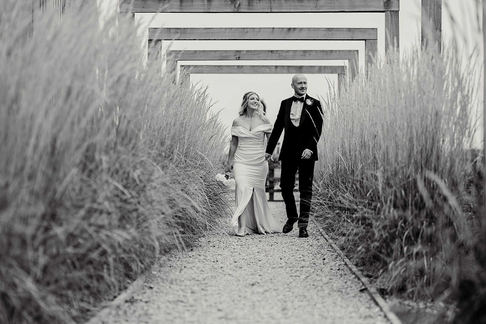 Jessica and Luke celebrating their black tie wedding at The Oakwood at Ryther, Yorkshire