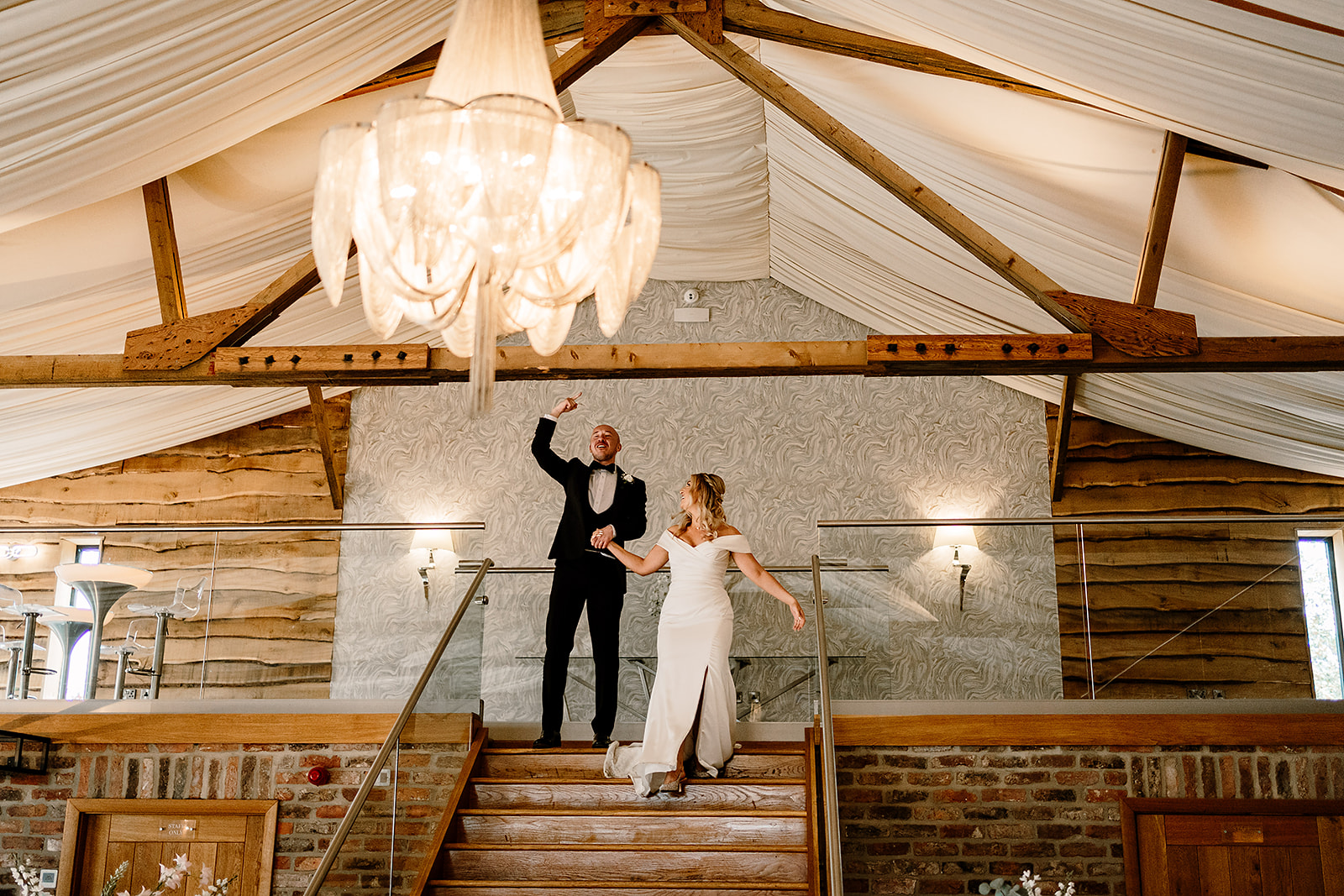 Jessica and Luke celebrating their black tie wedding at The Oakwood at Ryther, Yorkshire