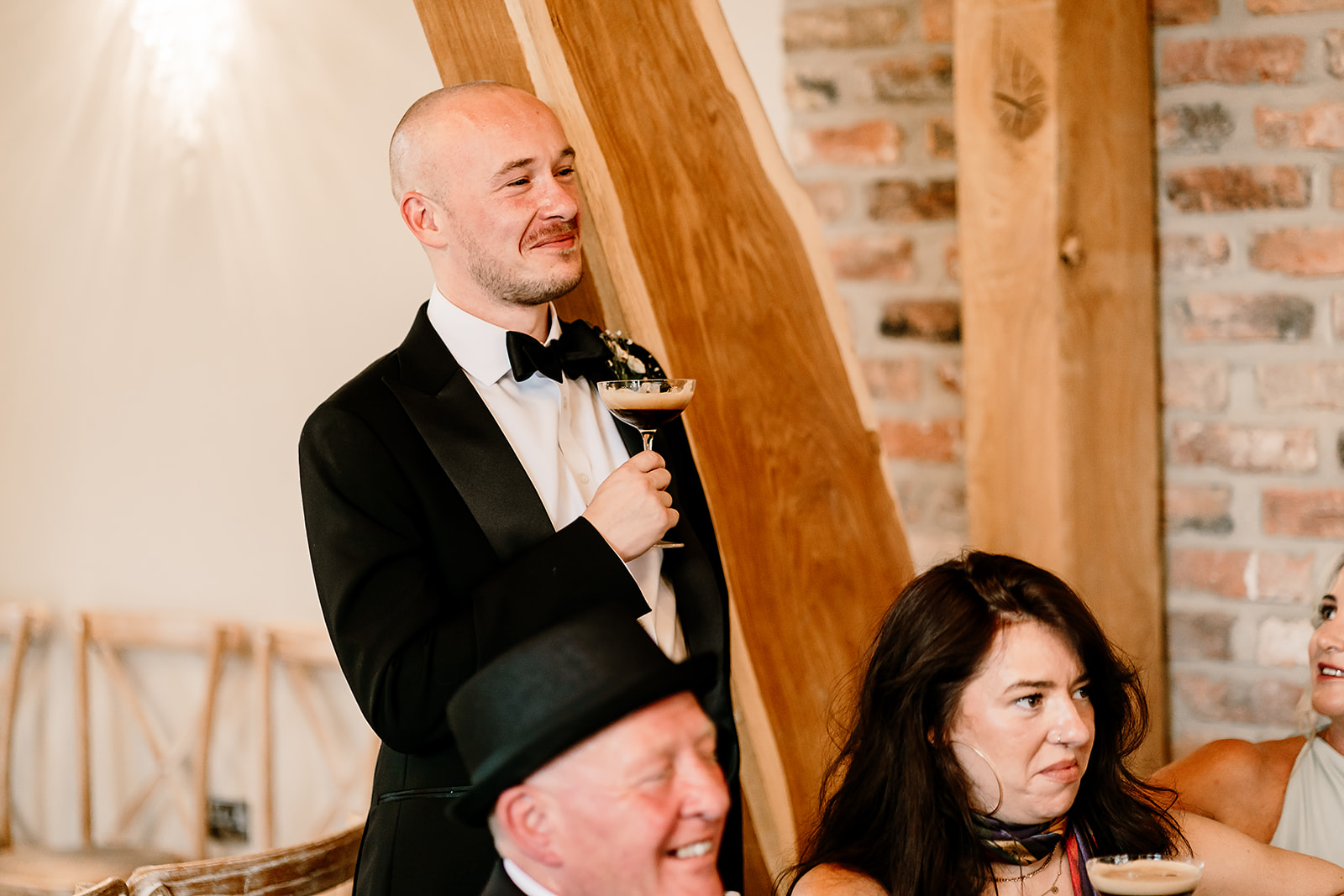 Jessica and Luke celebrating their black tie wedding at The Oakwood at Ryther, Yorkshire